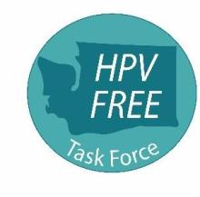 Washington HPV Free Task Force Logo, Circle filled with Teal color holding a map of WA state on it with script HPV Free Task Force